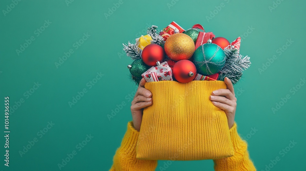 Aufkleber isolated on christmas green color background with side space for letters a person holding a colorful