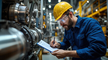 Factory manager,  A factory manager, wearing a hard hat and safety goggles, inspects high-tech machinery in a spacious, modern factory. He diligently takes notes on a clipboard,
