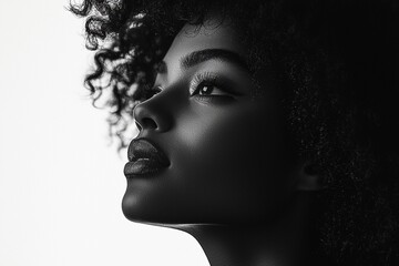 A black silhouette of an African American woman with curly hair, standing against a white background The figure is centered and in profile view, showcasing her graceful posture