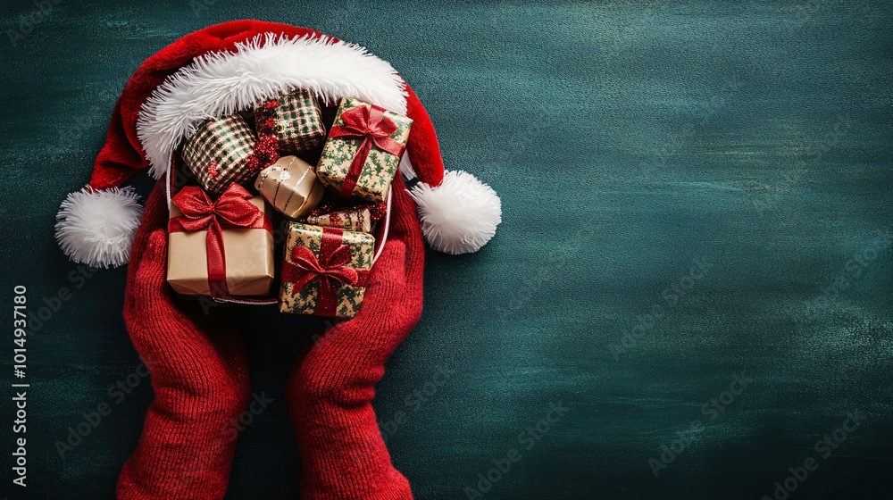 Poster isolated on christmas green color background with side space for letters hands holding a santa hat f