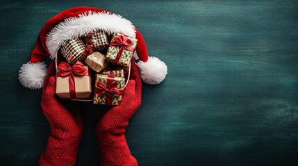 Isolated on Christmas green color background with side space for letters hands holding a Santa hat filled with small wrapped presents peeking out Stock Photo with copy space