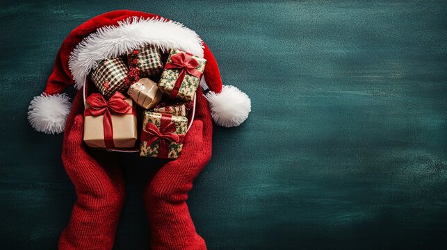 Isolated on Christmas green color background with side space for letters hands holding a Santa hat filled with small wrapped presents peeking out Stock Photo with copy space