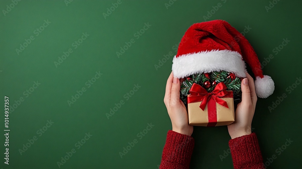 Poster isolated on christmas green color background with side space for letters hands holding a santa hat f