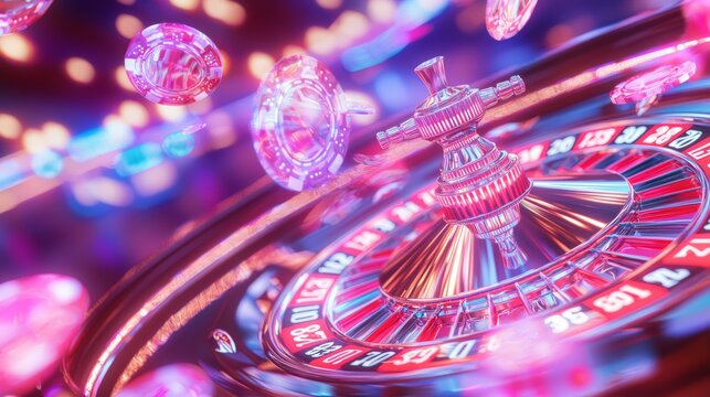 Illuminated Casino Thrills - 3D Render of Roulette Wheel in Action with Vibrant Colors and Player Reactions
