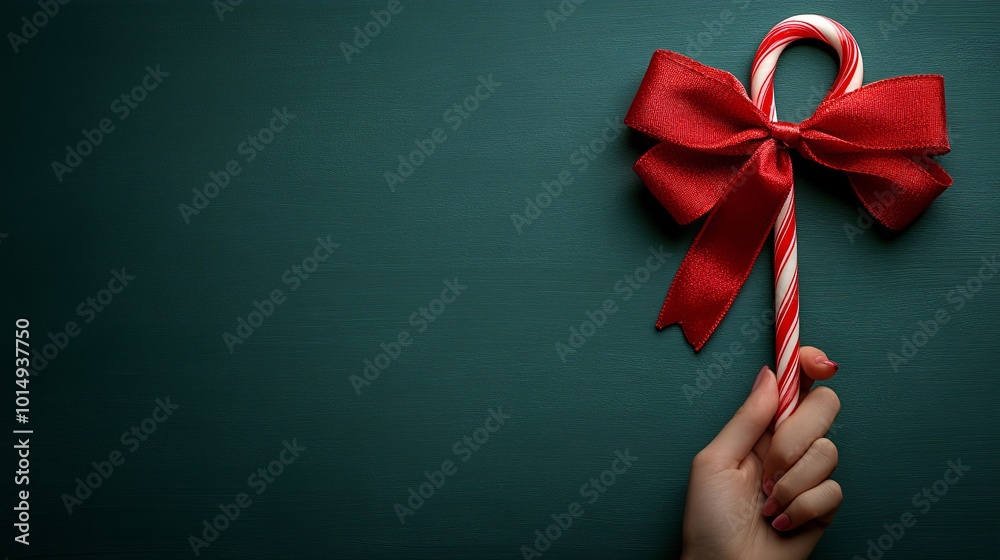 Poster isolated on christmas green color background with side space for letters a person holding a candy ca