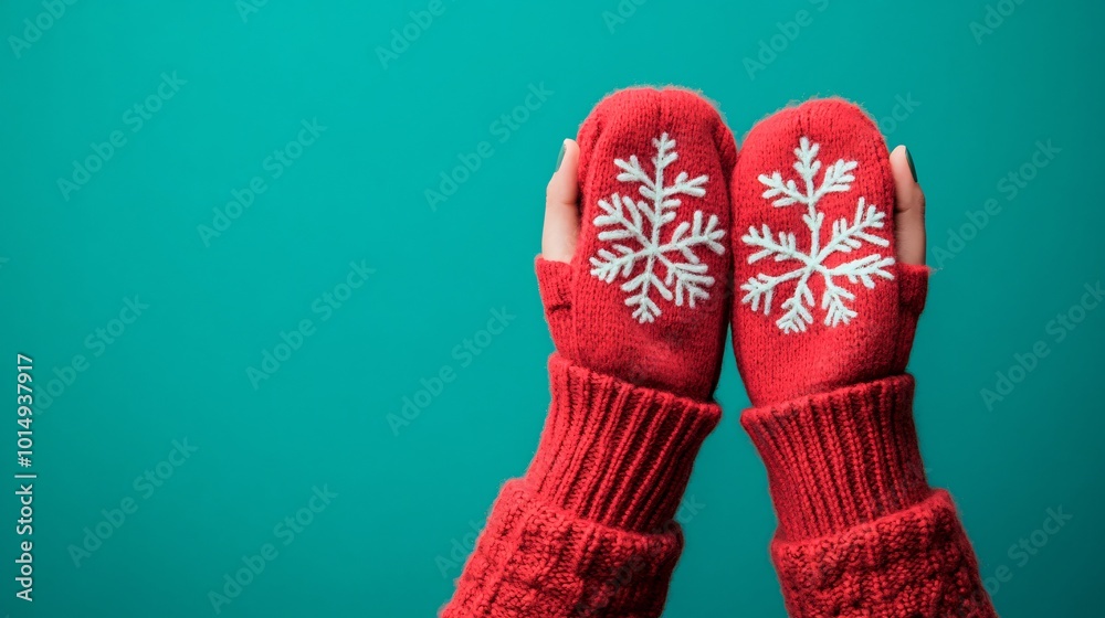 Poster Isolated on Christmas green color background with side space for letters hands holding a pair of cozy red mittens with white snowflake patterns Stock Photo with copy space