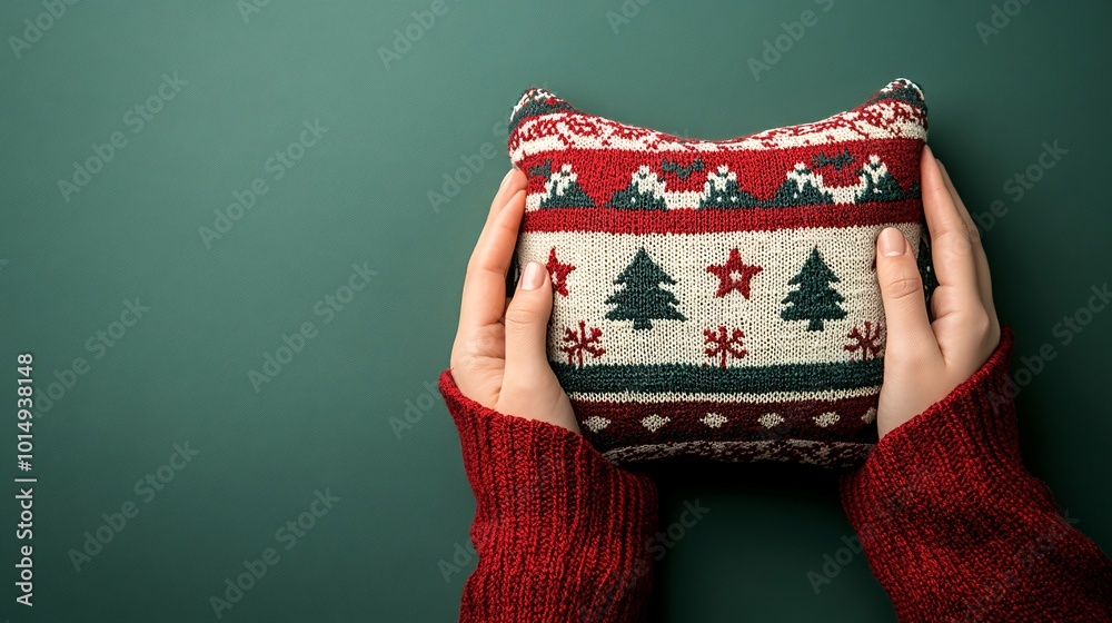 Aufkleber isolated on christmas green color background with side space for letters hands holding a holiday-the