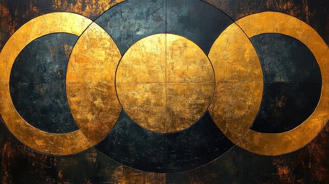 Abstract oil ink art of interlocking circles in gold and black captured from a high-angle to create a sense of balance and symmetry in the design 