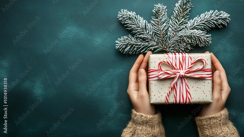 Poster isolated on christmas green color background with side space for letters hands holding a festive gif