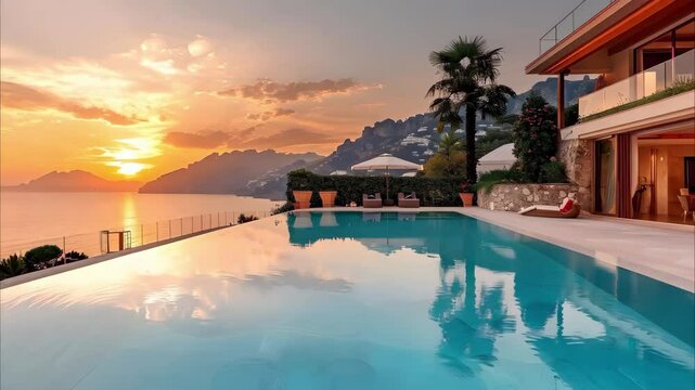 A luxurious villa with an infinity pool overlooking a sunset on the shore, surrounded by mountains and palm trees.