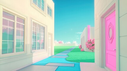 Naklejka premium Modish dwelling with ivory window frames, a turquoise terrace, and almond walls A cobalt path leads to a rose door, with a silver lawn under an olive sky