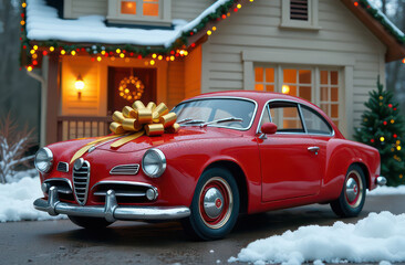 A beautiful red car, tied with a large golden bow, stands in front of a house decorated with New Year's decorations
