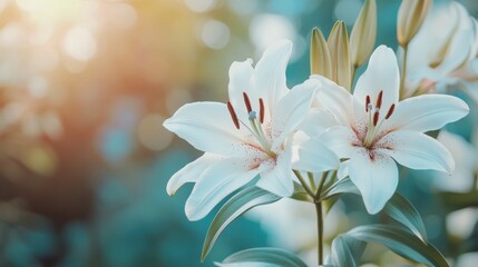 white lily flowers with delicate blurred nature background