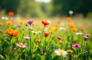 Fototapeta premium Beautiful meadow with colorful wild flowers on bright sunny summer day