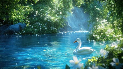 A white swan gracefully glides through the tranquil waters of a pristine lake, surrounded by lush greenery and a cascading waterfall in the background.