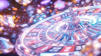 High Stakes Excitement: 3D Render of Dynamic Online Casino Backdrop with Roulette Wheel in Motion and Eager Players
