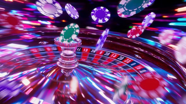High Stakes Excitement at Vibrant Online Casino - 3D Render Background with Roulette Wheel in Motion and Eager Players