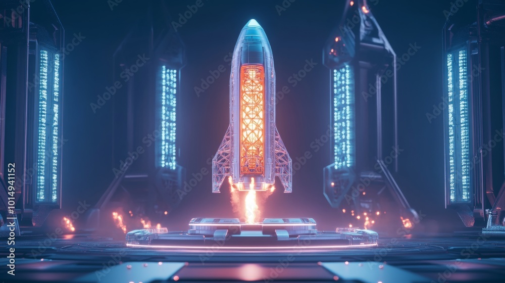 Aufkleber a sleek rocket stands ready for liftoff in a high-tech chamber, bathed in neon lights and surrounded