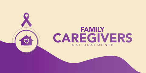 Family Caregivers month is observed every year in November. Calligraphy Poster Design. The Plum Ribbon raises awareness for cancer caregivers. Banner poster and background design template. Vector.