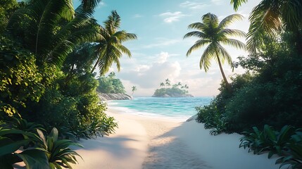 Fototapeta premium A serene island landscape featuring a winding path through lush tropical foliage, leading to a hidden beach with soft white sand and gentle waves under a cloudless sky 