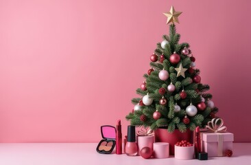 Christmas tree made of makeup cosmetics and decor on color background
