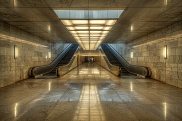 Image of an escalator in a building with natural light from the skylight above