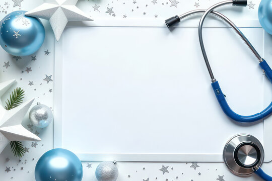Christmas medical image with decor white stars, blue balls, snowflakes, stethoscope and tablet on white background 