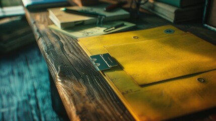 A wooden desk with a yellow folder sitting on top, suitable for office or study settings
