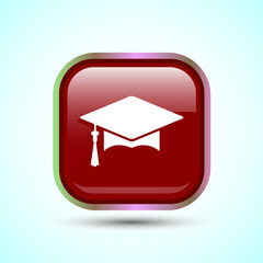 Graduation Hat Icon Design Illustration, Academic Cap Icon For Apps and Websites, Red Color Square Button Design