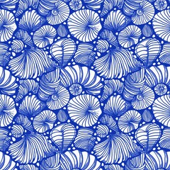 Azure blue white shell motif with linen seamless batik background, Modern coastal beach cottage rustic shell block print home decor pattern design in sealife beach style.