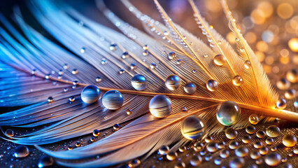 Macro of colorful feather with water or dew drops, art image