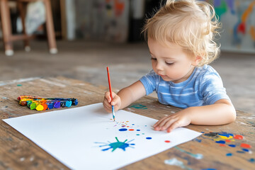 Young child engaged in creative painting activity in a vibrant art studio during daytime