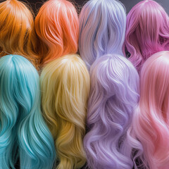 Bright colorful wigs displayed from behind