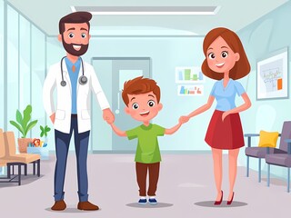 AI-Generated image of A cartoon of a doctor, a boy and a woman in a hospital. The doctor is holding the boy's hand