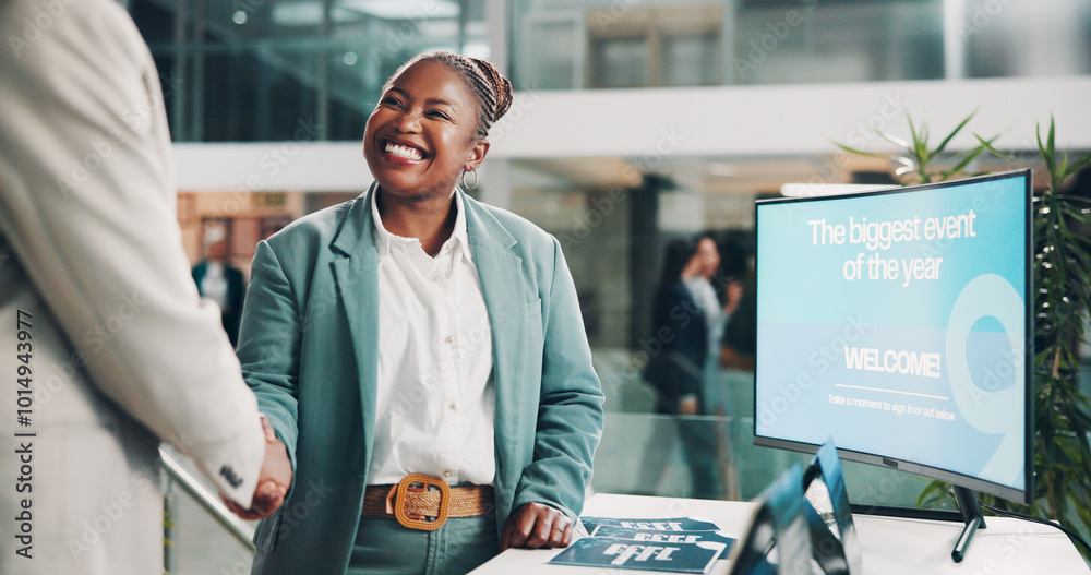 Poster Business, computer and black woman with handshake by screen for innovation, conference and agreement. Corporate, merger and people with smile by tech for b2b, integration and success in acquisition