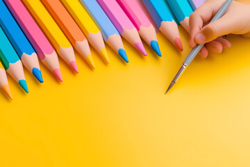 Naklejka premium Colorful pencils and a brush ready for creative art projects on a bright yellow background