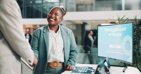Business, computer and black woman with handshake by screen for innovation, conference and...