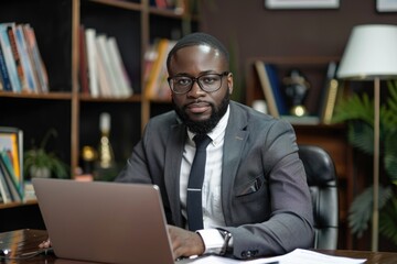 Obraz premium A businessman sits at his desk, focused on his laptop