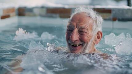 Older man enjoying a relaxing moment in a warm hot tub