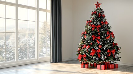 Elegantly Decorated Christmas Tree in Cozy Room with 3D