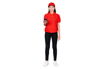 Smiling asian delivery courier woman using handphone isolated transparent
