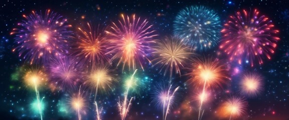 Fototapeta premium Dazzling display of fireworks bursting in a variety of colors against the night sky, symbolizing celebration festivity