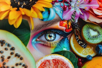 Close-up of a woman's face surrounded by fresh fruit and flowers