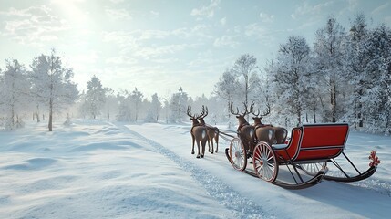 Black Sleigh with Red Trim Pulled by Reindeer in Snowy Field 3D