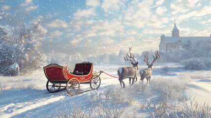Black Sleigh with Red Trim Pulled by Reindeer in Snowy Field 3D