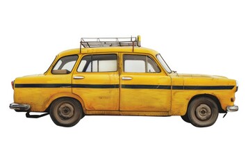 A vintage yellow car with a luggage rack on the roof, perfect for adventure travel or outdoor escapades