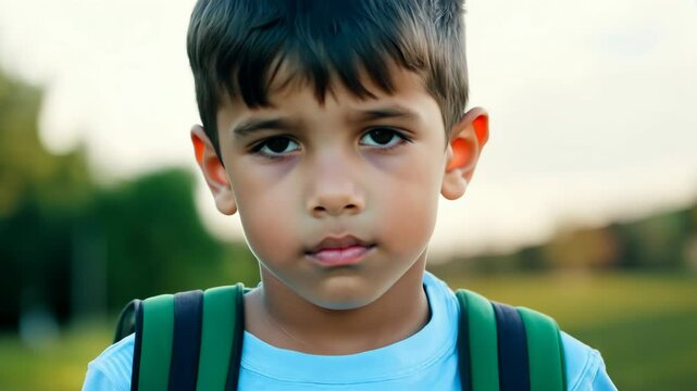A young boy with short dark hair, wearing a light blue shirt and holding a stack of books, walks with a green backpack in a park.