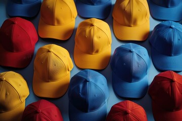 A collection of differently colored hats on a table, ready for use