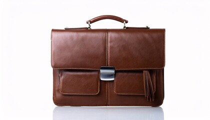 Brown leather briefcase on a white isolated background.