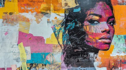 A vibrant abstract collage graffiti blends a woman&rsquo;s portrait with textured layers and bold colors. Urban street art concept.